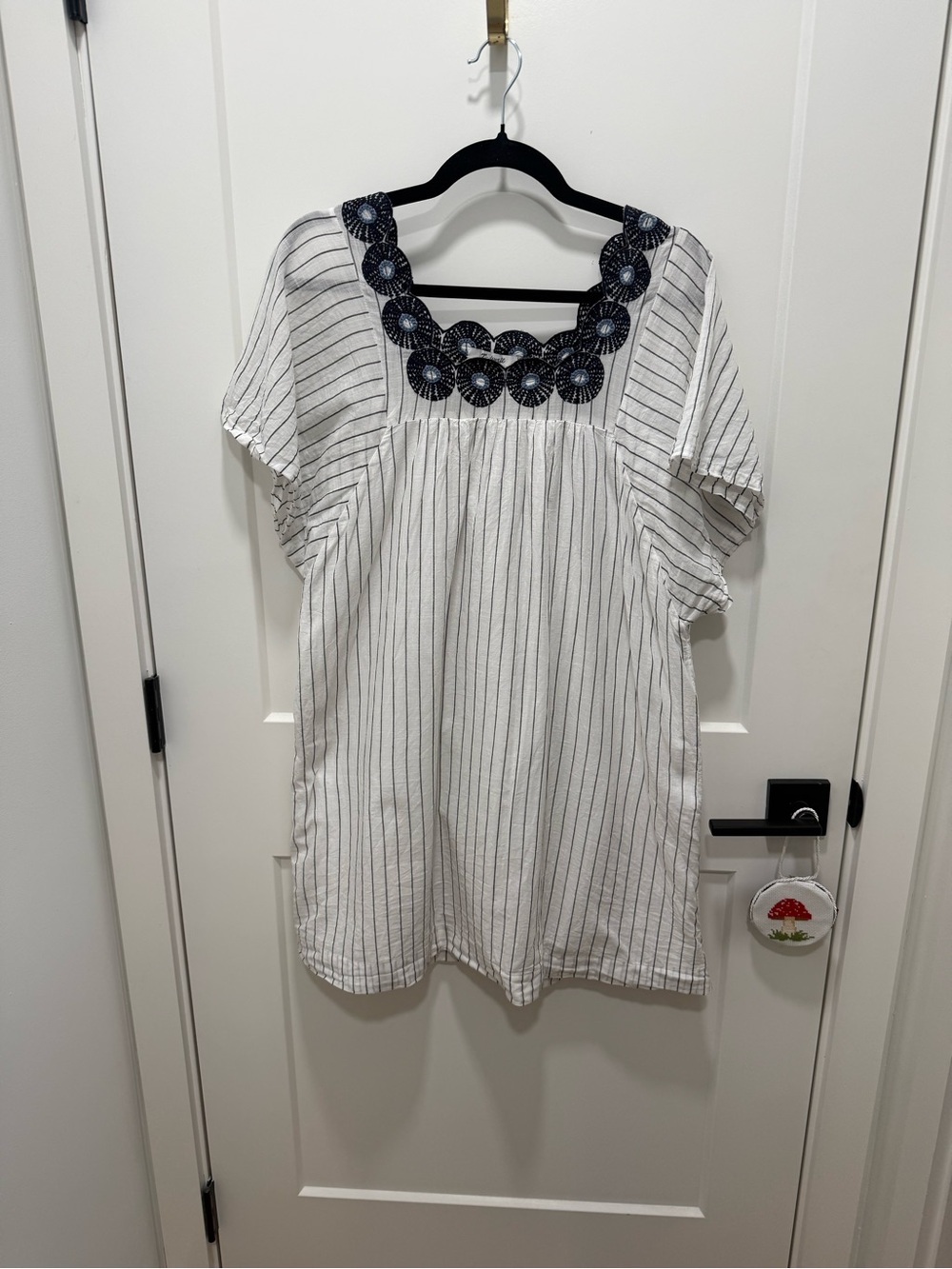 Madewell Striped White & Navy Embroidered Square-Neck Mini Dress